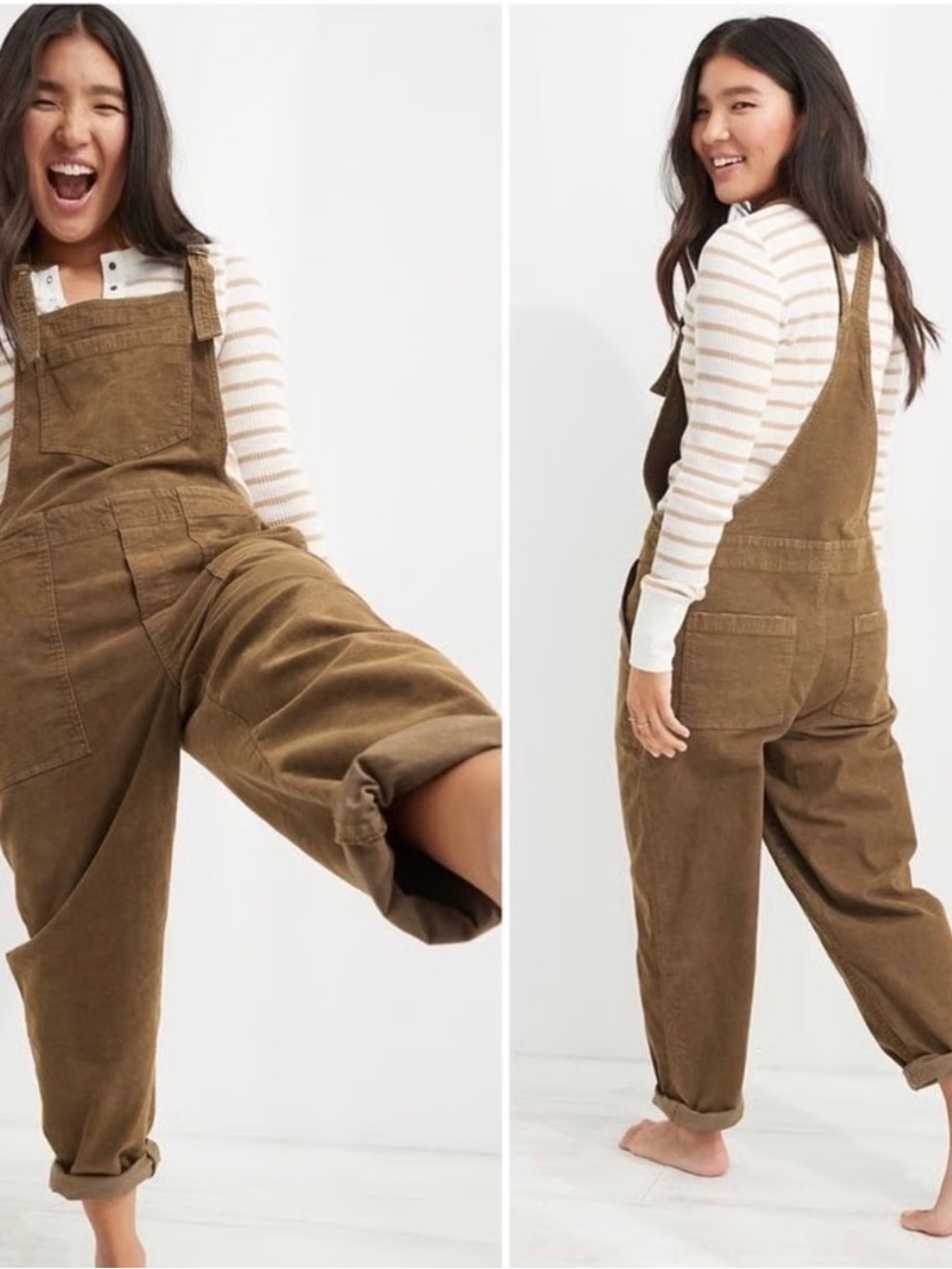 aerie Corduroy Wide-Leg Overalls in Brown